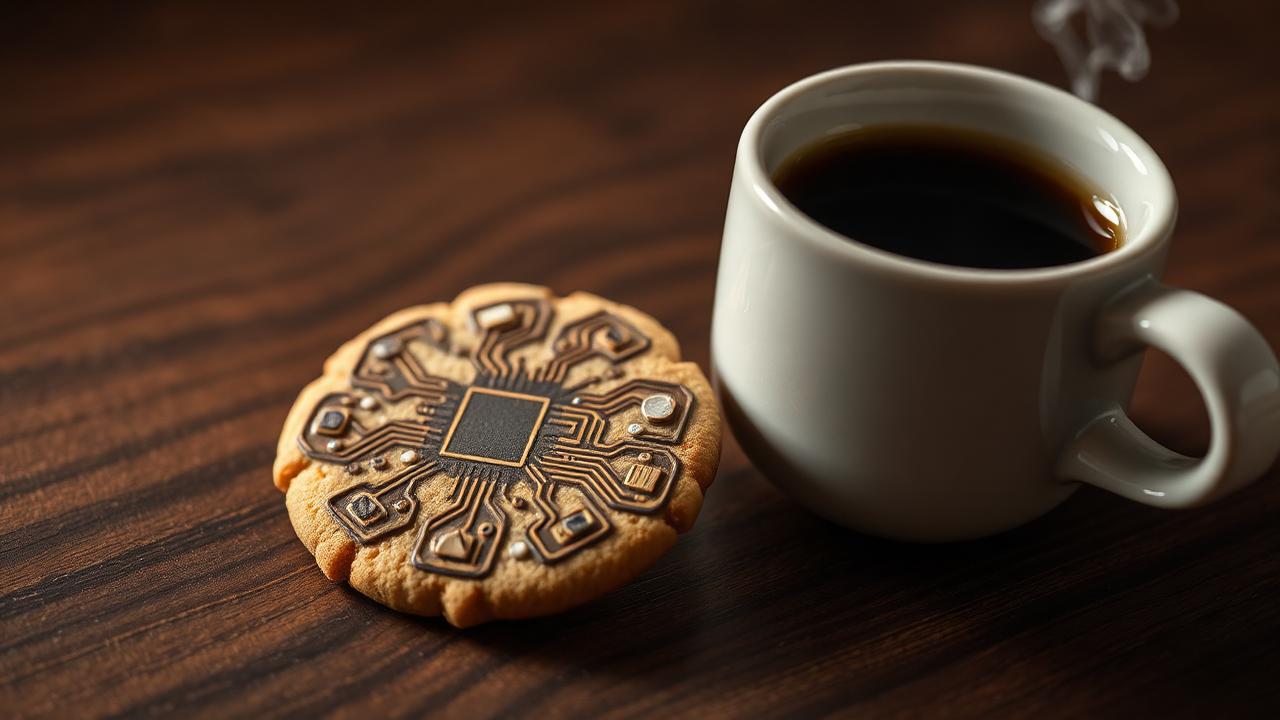 Circuit-board cookie next to a coffee cup