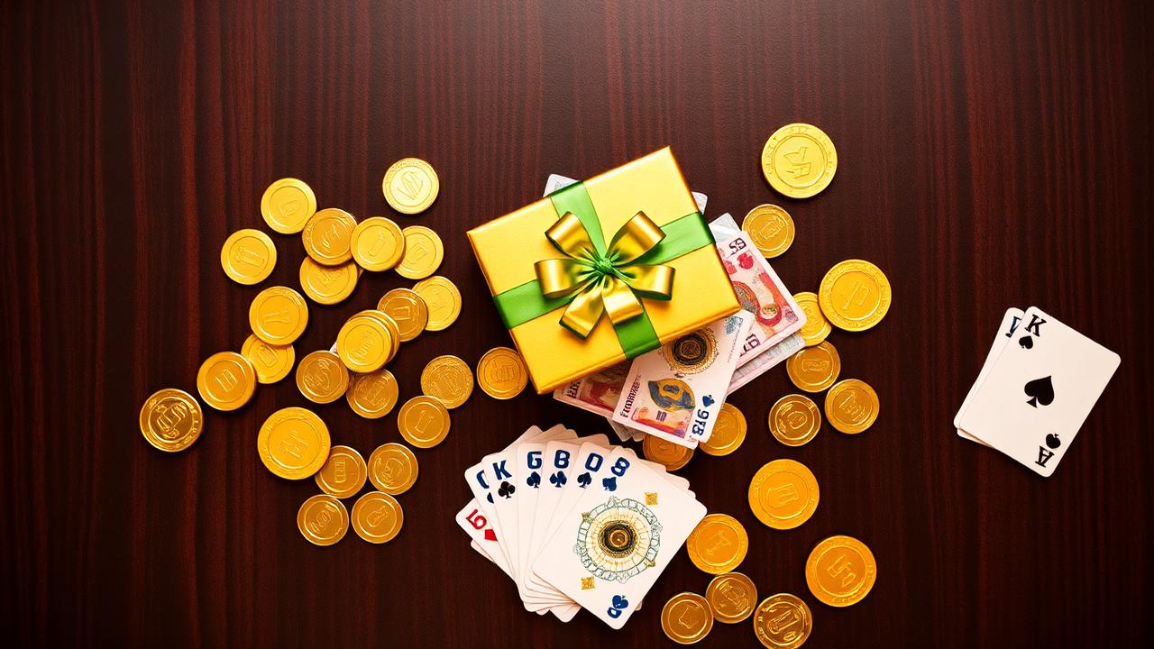 Casino chips, gift box and playing cards on a dark wood table
