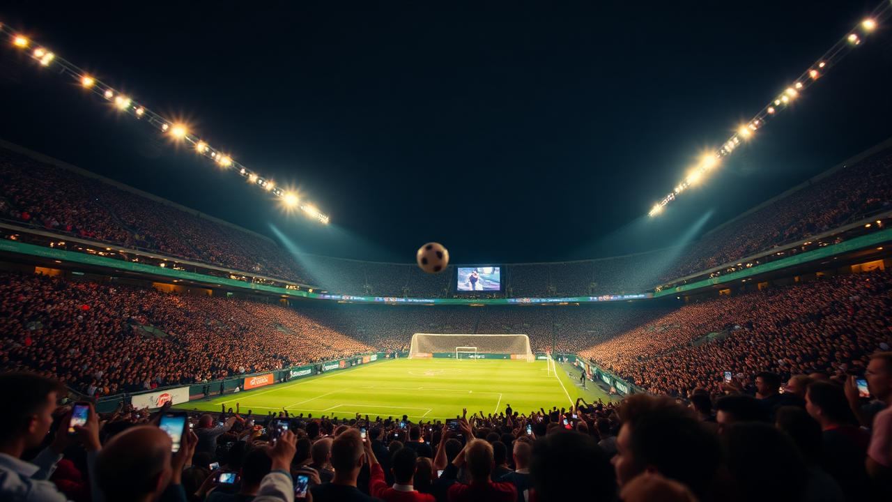 Floodlit football stadium with cheering crowd